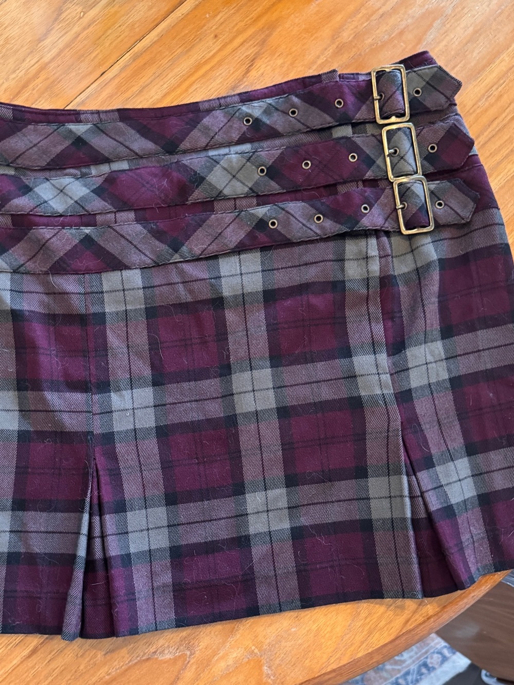 Plaid Burgundy and Gray Buckle Accent Mini Skirt